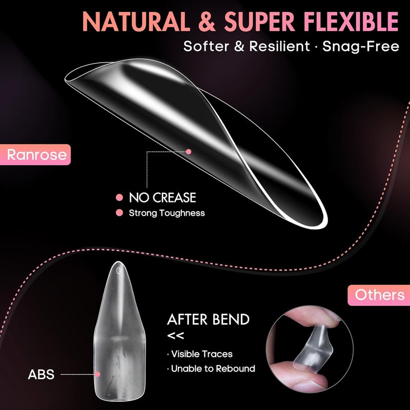 ranrose Long Almond Nail Tips 240pcs Stiletto Soft Gel False Nails 12 Sizes Clear Full Cover Almond Shaped Press on Nail for Nail Extensions - Image 2